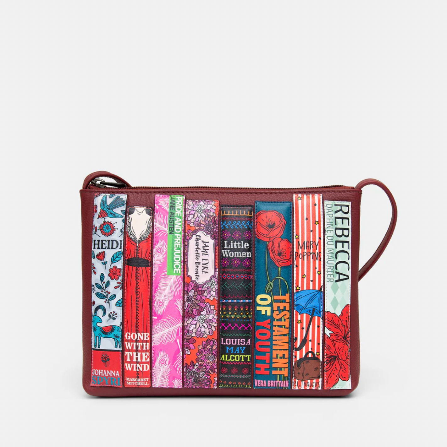 Bag with book-themed design on a white background