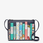 Crossbody bag with book-themed design on a white background