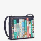 Crossbody bag with book cover design on a white background