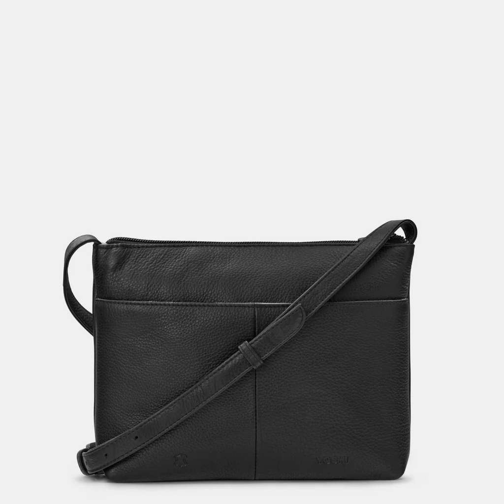 Leather crossbody b.ag with appliqué dog walk design in blue, green and brown - back view