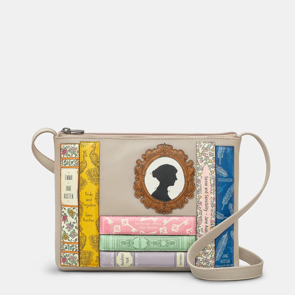 Warm Grey Crossbody bag with Jane Ausitn applique books
