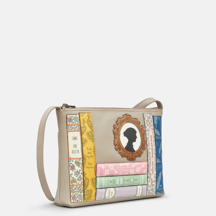 Warm Grey Crossbody bag with Jane Ausitn applique books