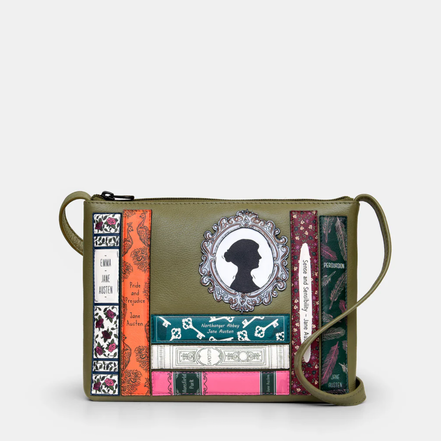 Olive green Crossbody bag with Jane Ausitn applique books