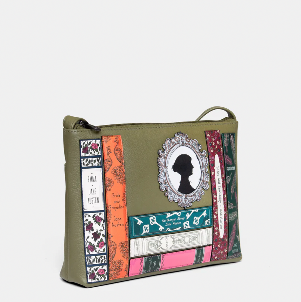 Olive green Crossbody bag with Jane Ausitn applique books