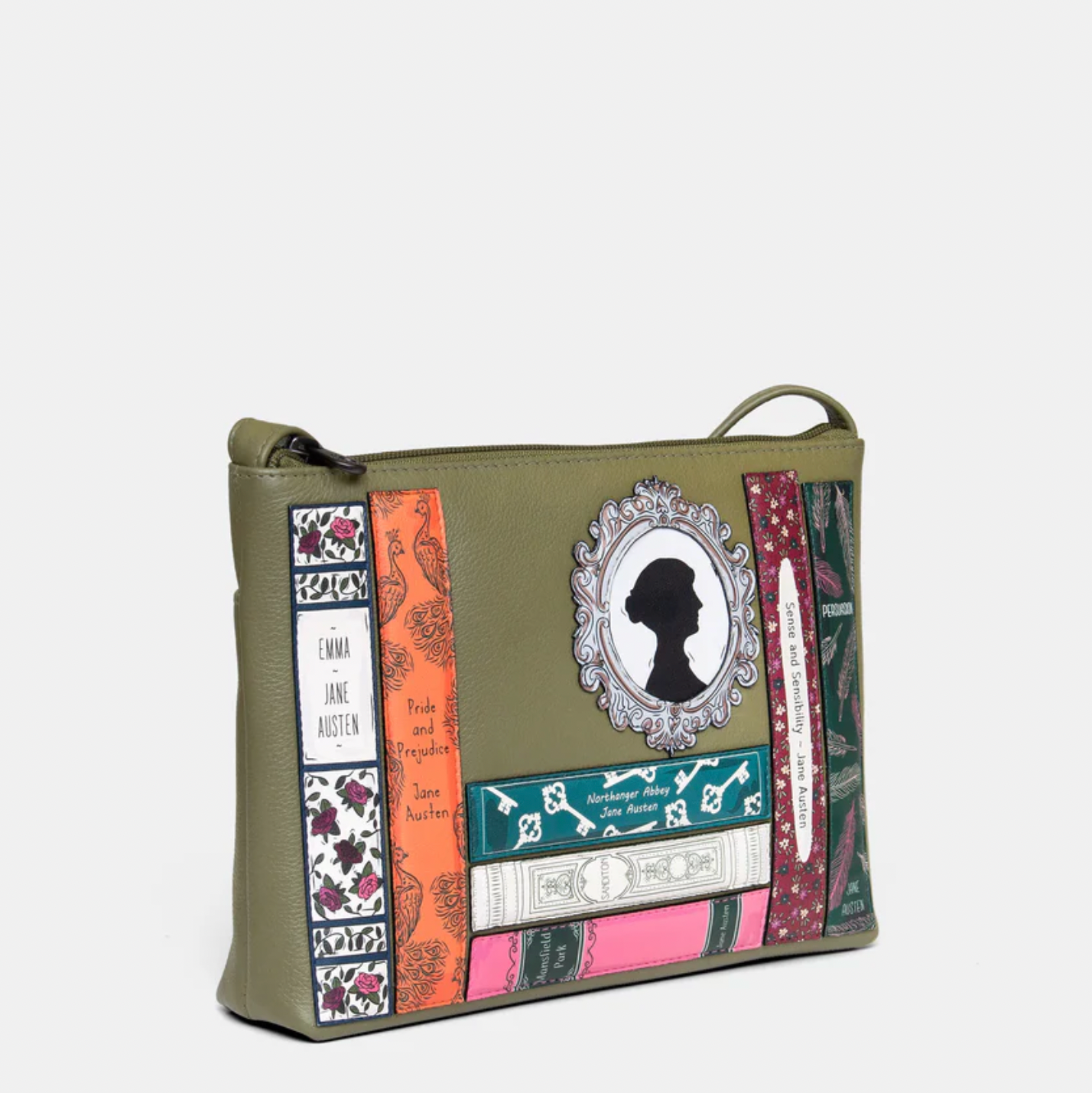 Olive green Crossbody bag with Jane Ausitn applique books