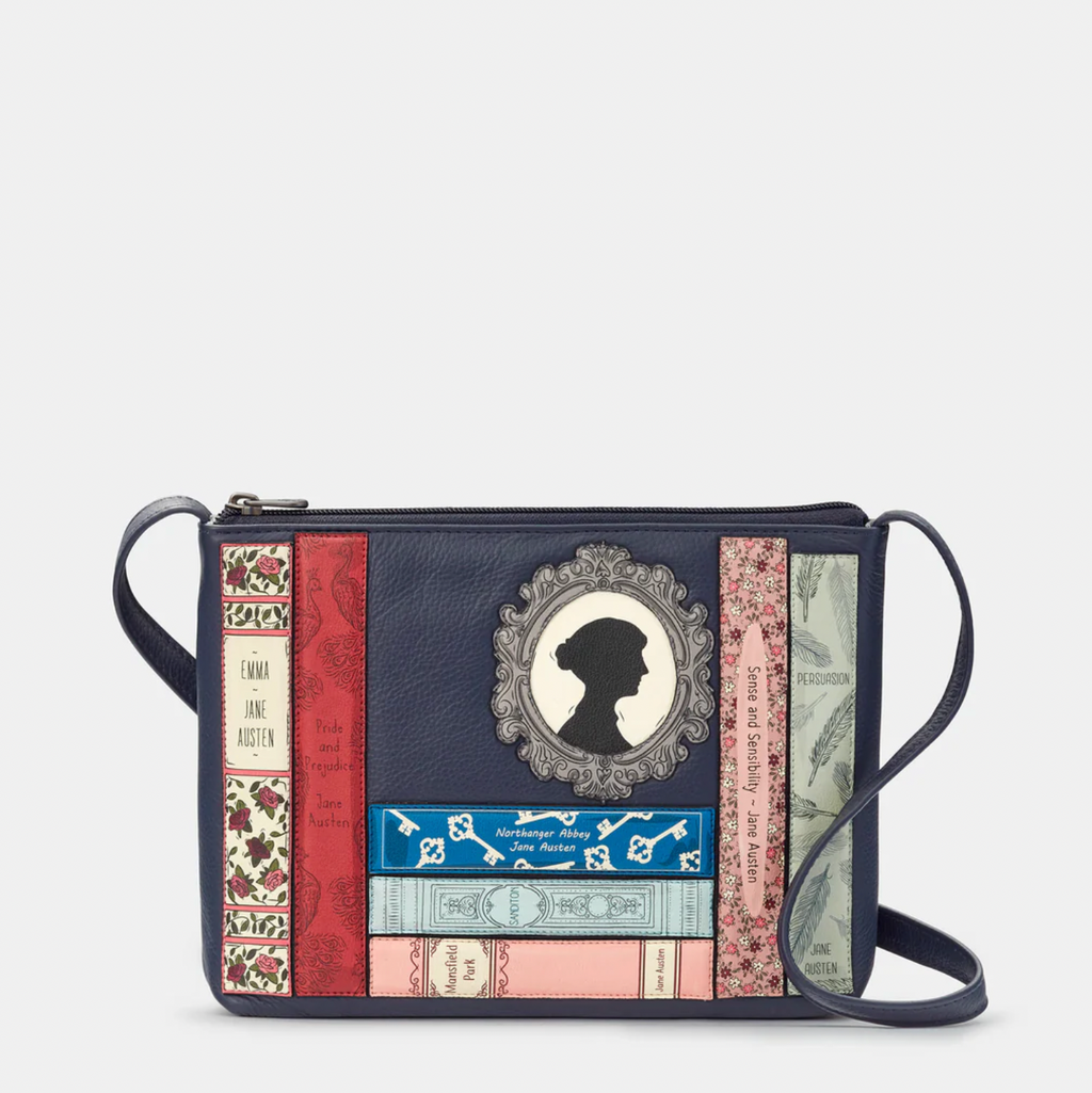 Navy crossbody bag with applique Jane Austin books
