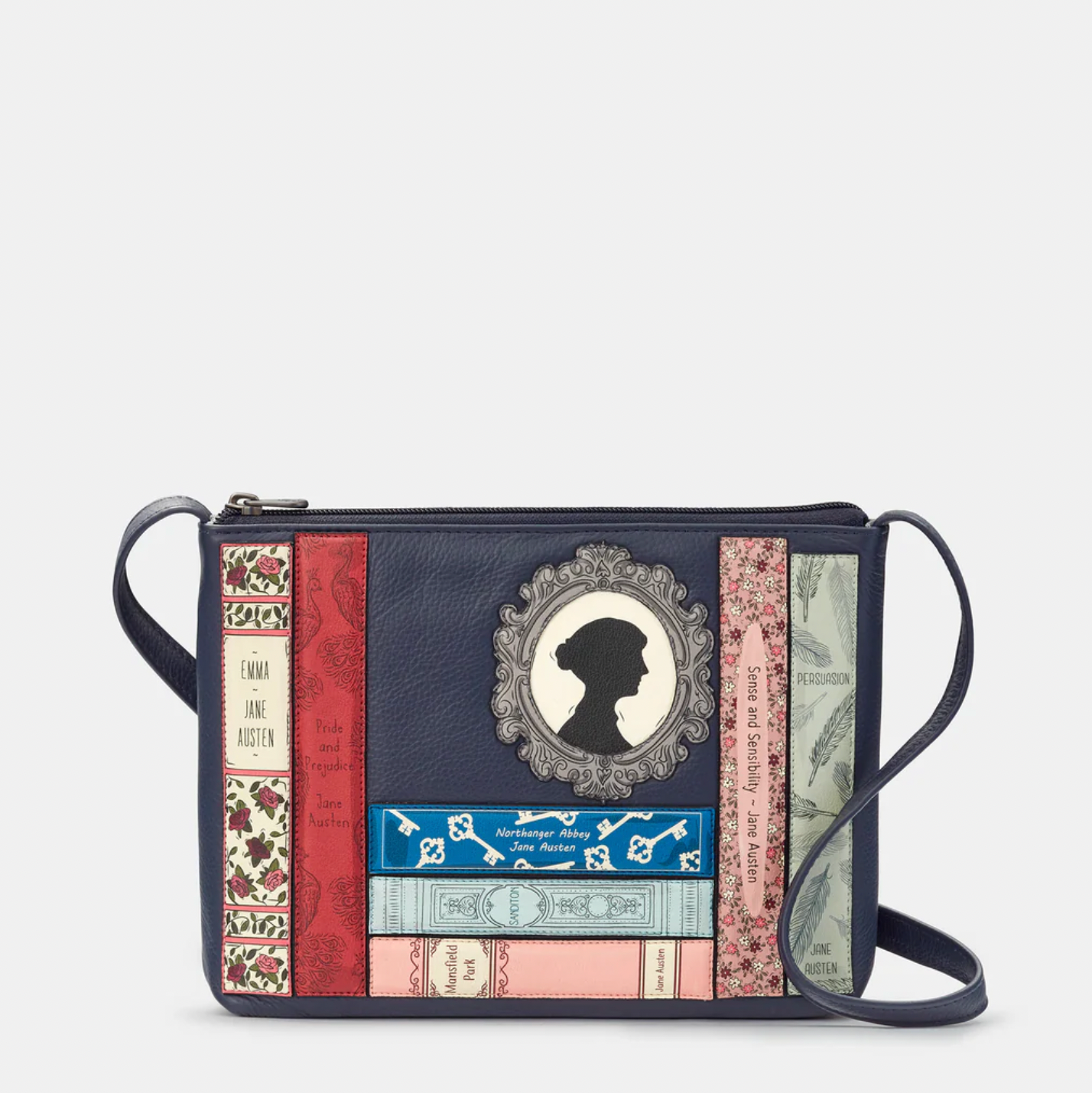 Navy crossbody bag with applique Jane Austin books
