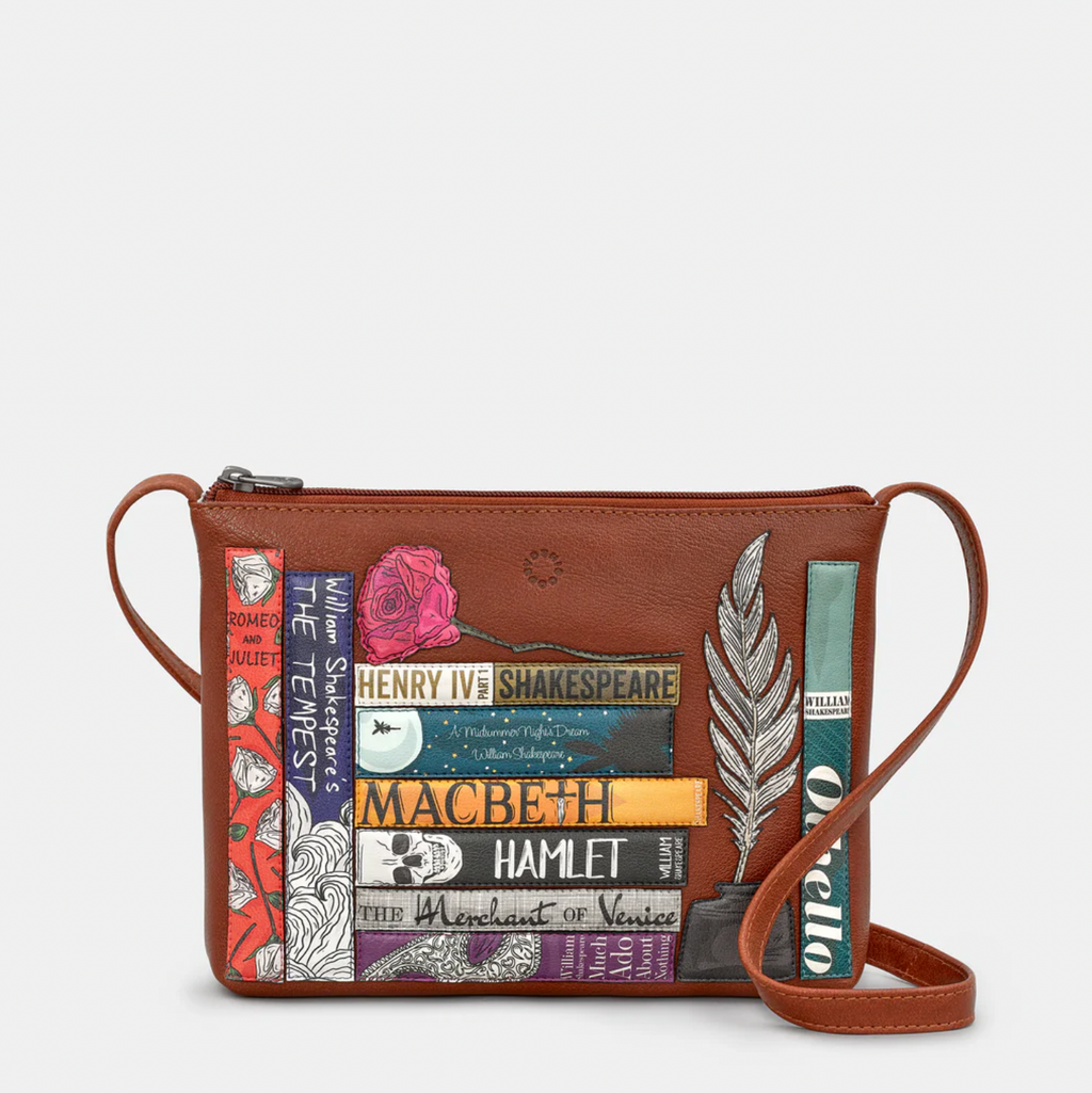 Brown crossbody bag with Shakespearean text and book design on a white background