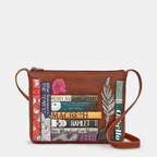 Brown crossbody bag with Shakespearean text and book design on a white background