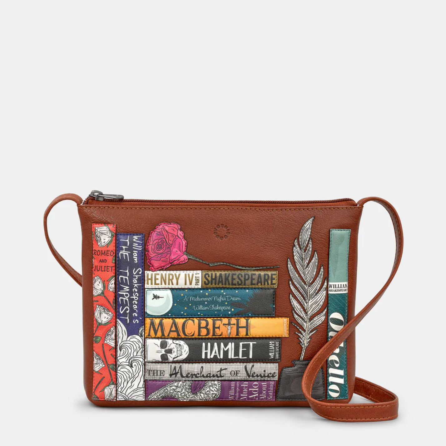 Brown crossbody bag with Shakespearean text and book design on a white background