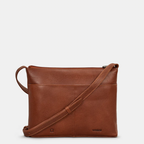 Brown leather crossbody bag on a light gray background