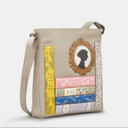 Leather crossbody bag in warm grey with appliqué Jane Austin books and portrait design on front.