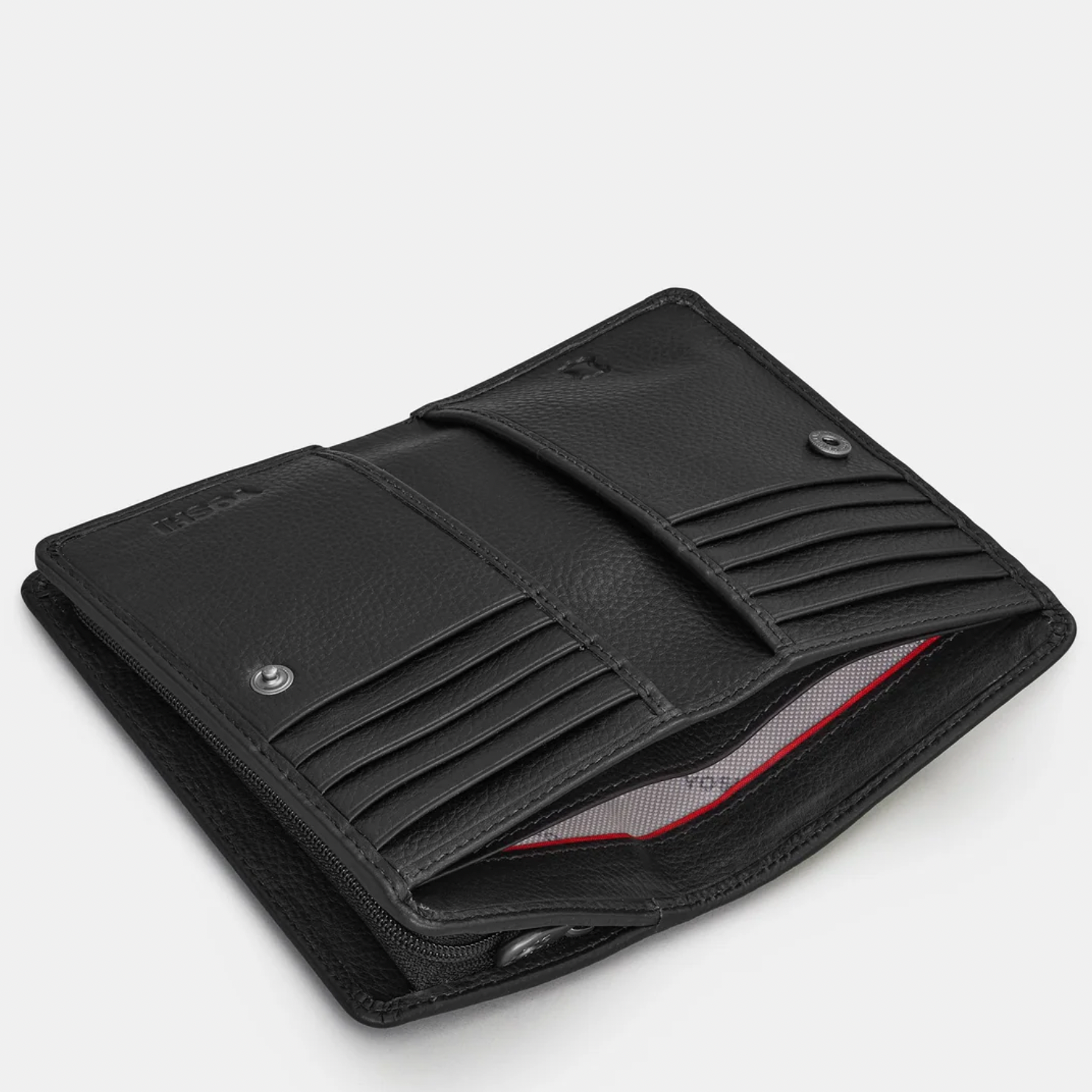 Blue leather bifold purse with appliqué dog design - inside view with 2 notes sections