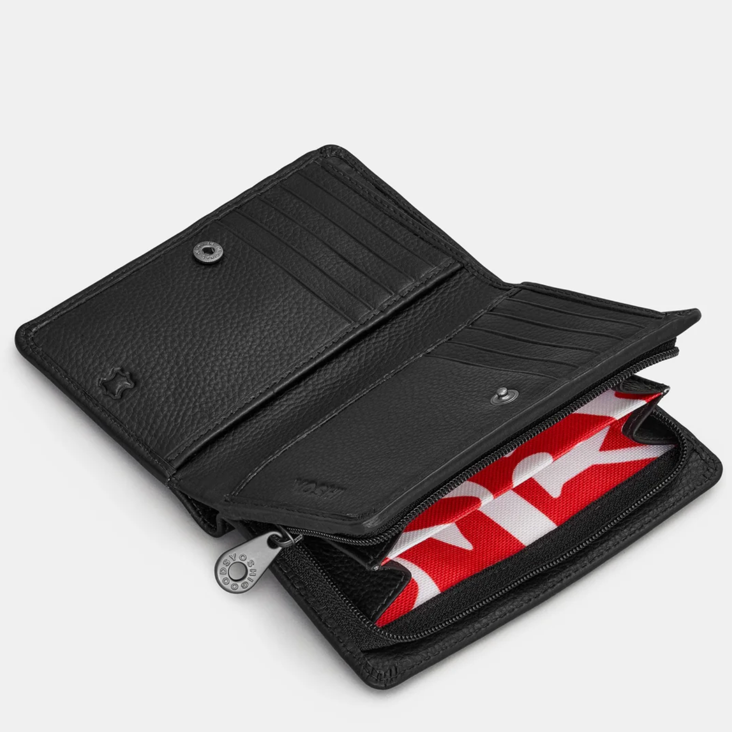 Blue leather bifold purse with appliqué dog design - inside view with coin section 