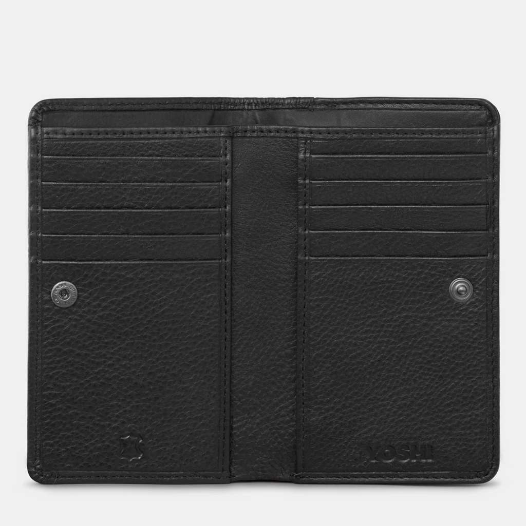 Blue leather bifold purse with appliqué dog design - inside view with 10 credit card slots