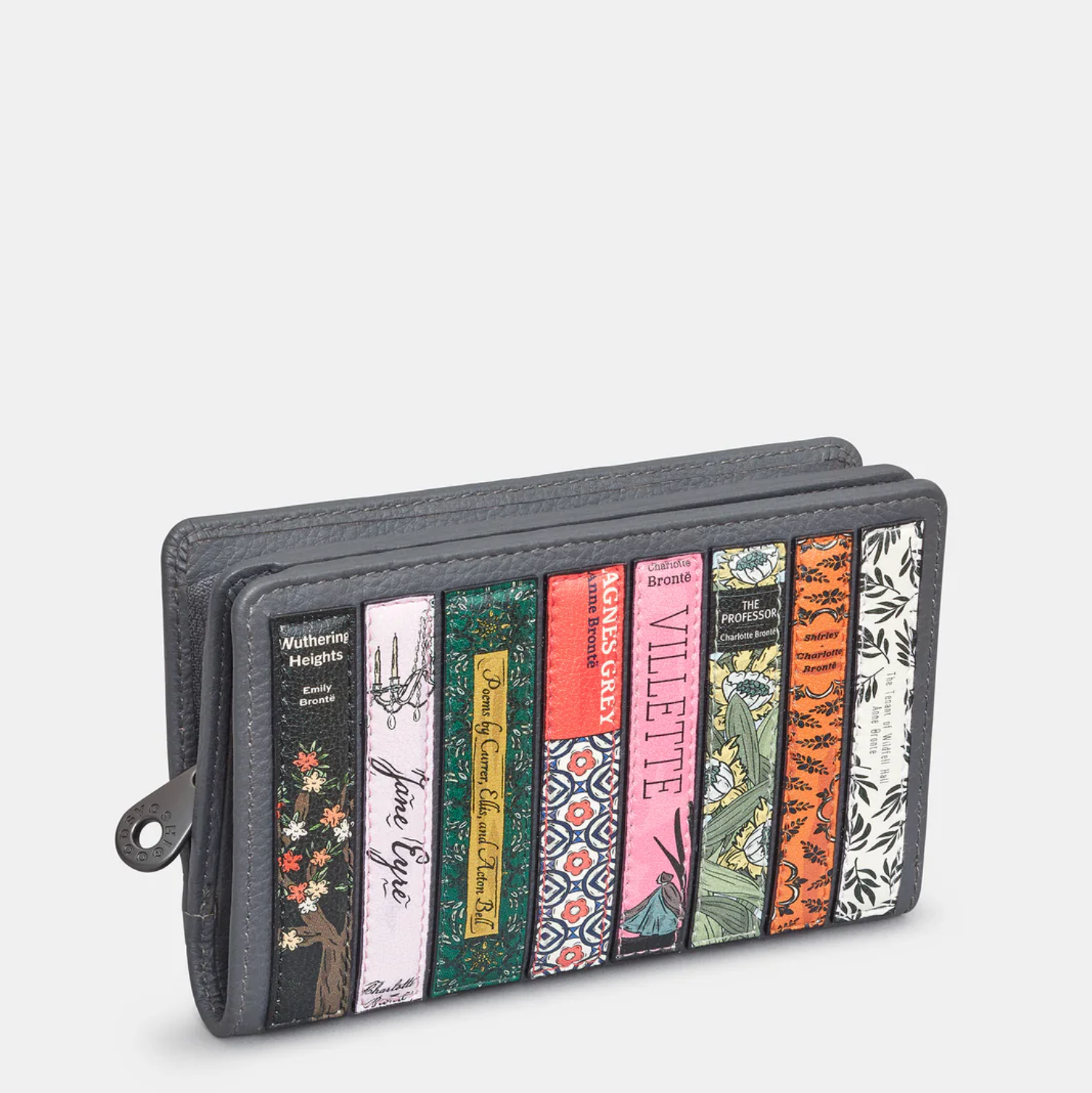 Grey leather bifold purse with appliqué Bronte sister book cover design - front view