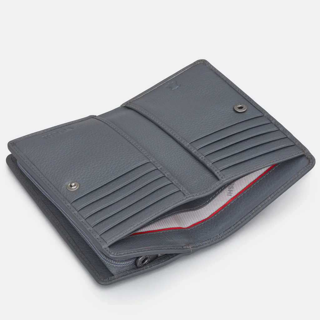 Grey leather bifold purse with appliqué Bronte sister book cover design - inside view with 2 notes sections