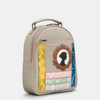 Warm Grey leather backpack with appliqué Jane Austin books and portrait on front