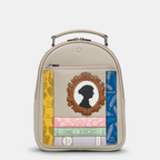 Warm Grey leather backpack with appliqué Jane Austin books and portrait on front