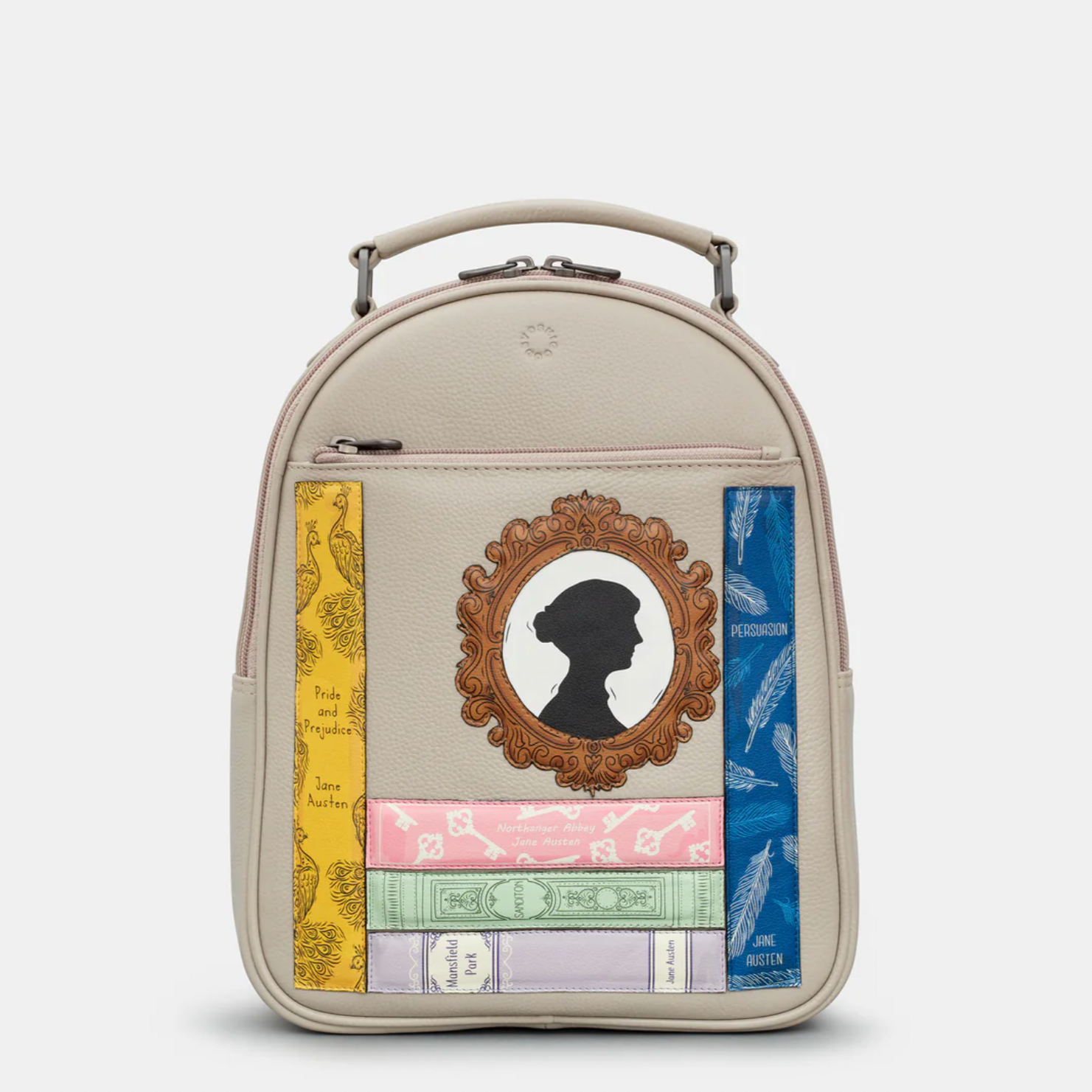 Warm Grey leather backpack with appliqué Jane Austin books and portrait on front