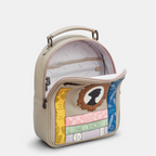 Warm Grey leather backpack with appliqué Jane Austin books and portrait on front