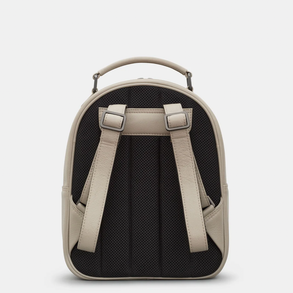 Back view of warm grey leather backpack