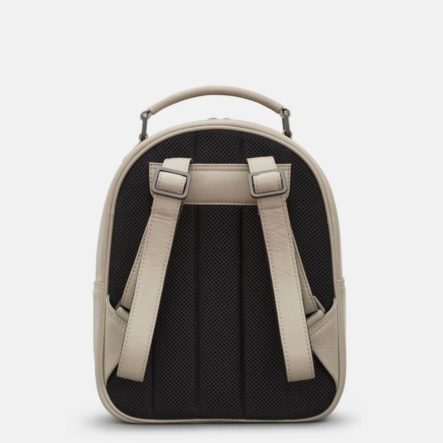 Back view of warm grey leather backpack