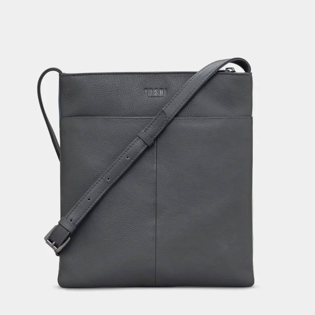 Black crossbody bag on a light gray background
