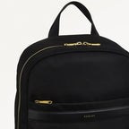 Black backpack with gold zippers on a white background