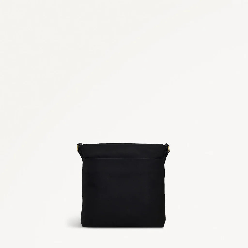 Black crossbody bag on a white background