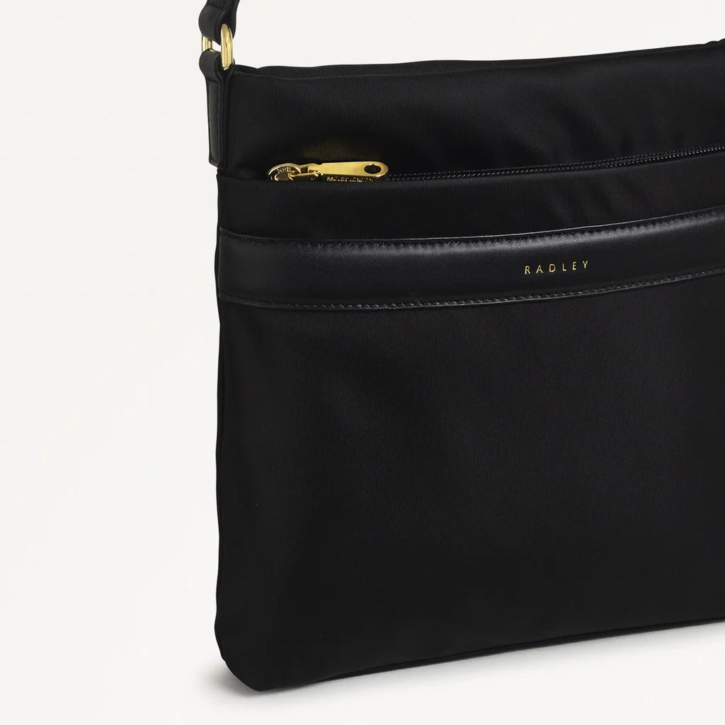 Black handbag with gold zipper on a white background