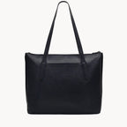 Black leather tote bag on a white background