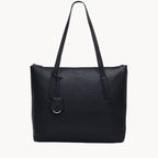 Black leather tote bag with a visible brand logo on a white background