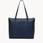 Navy blue leather tote bag on a white background