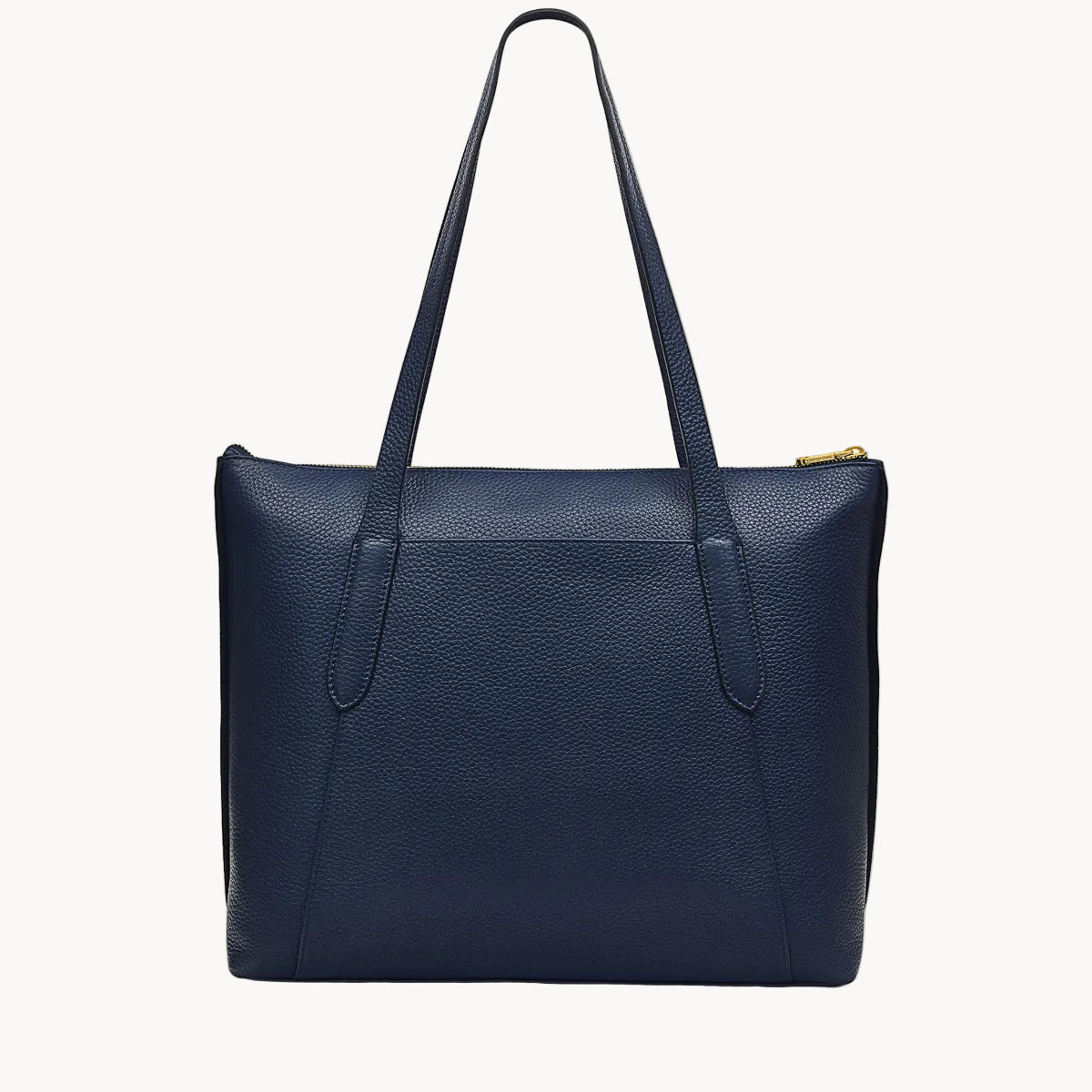 Navy blue leather tote bag on a white background