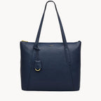 Navy blue leather handbag with a gold clasp on a white background