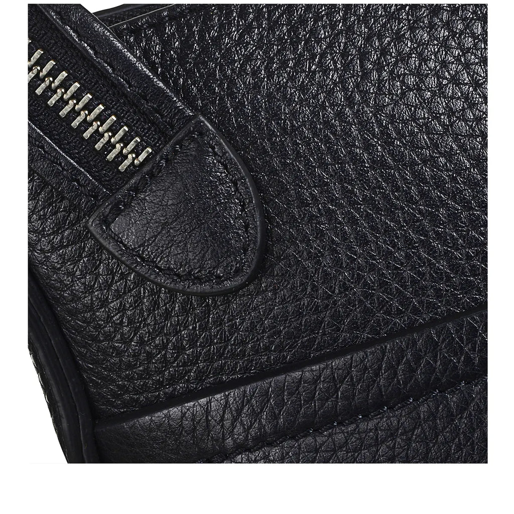 Close-up of a black leather bag with a zipper detail