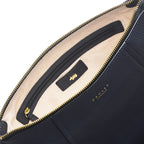 Navy leather bag with gold zipper and Radley logo on a white background