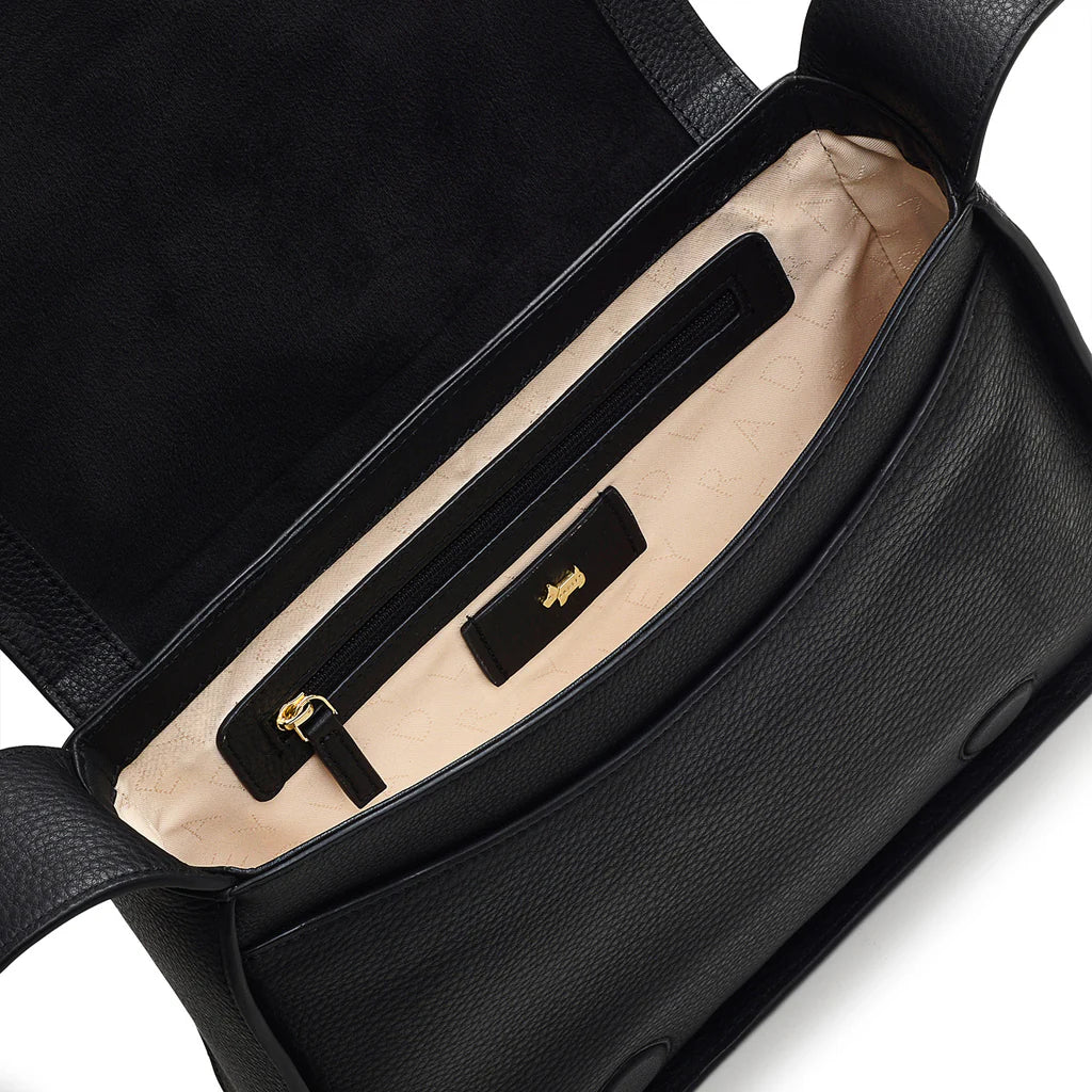 Radley Westwell Lane Medium Flapover Crossbody Bag in Black - open interior showing jacquard lining and pockets