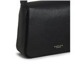Radley Westwell Lane Medium Flapover Crossbody Bag in Black - detail of metal logo letters and magnetic fastening