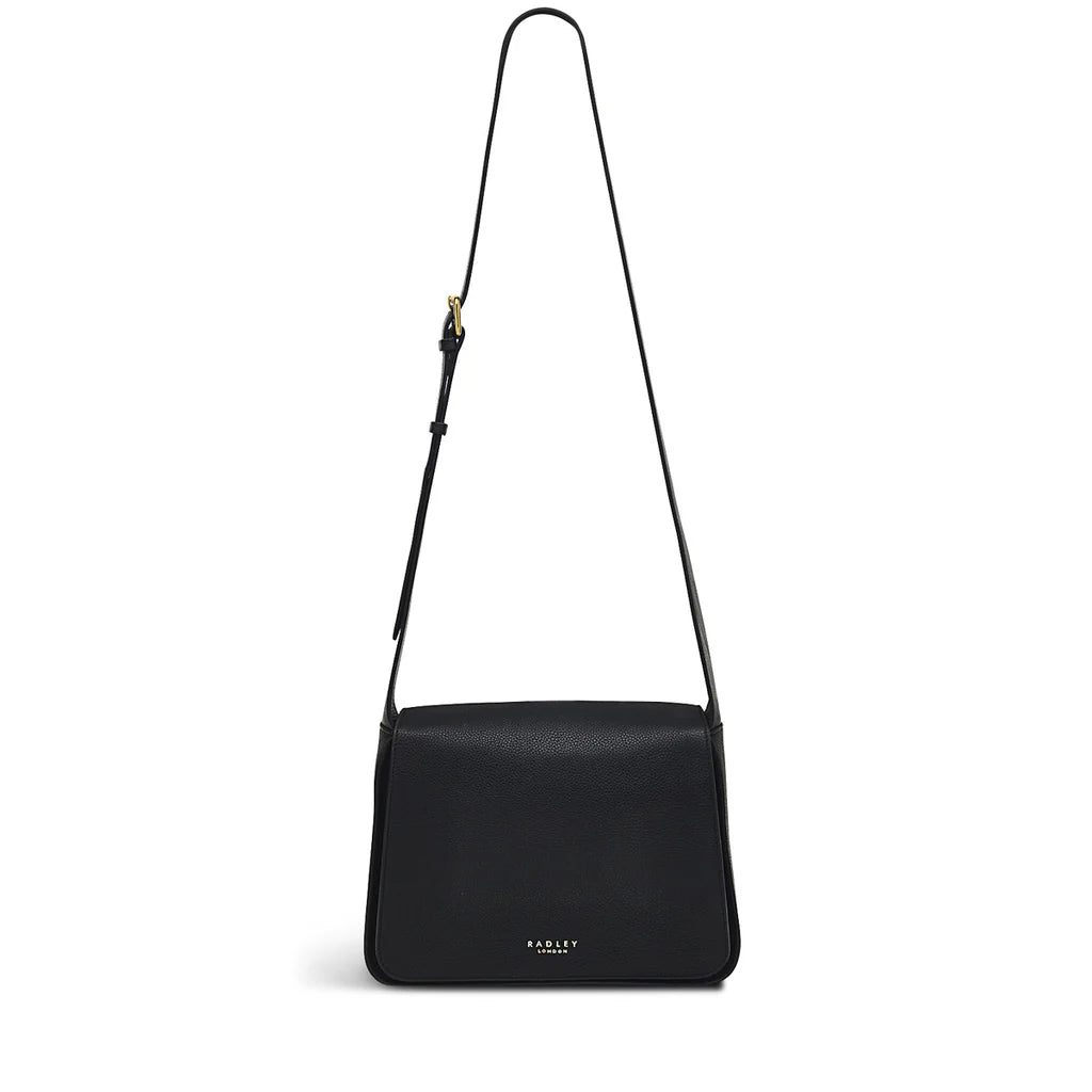 Radley Westwell Lane Medium Flapover Crossbody Bag in Black - front view showing flapover and adjustable strap