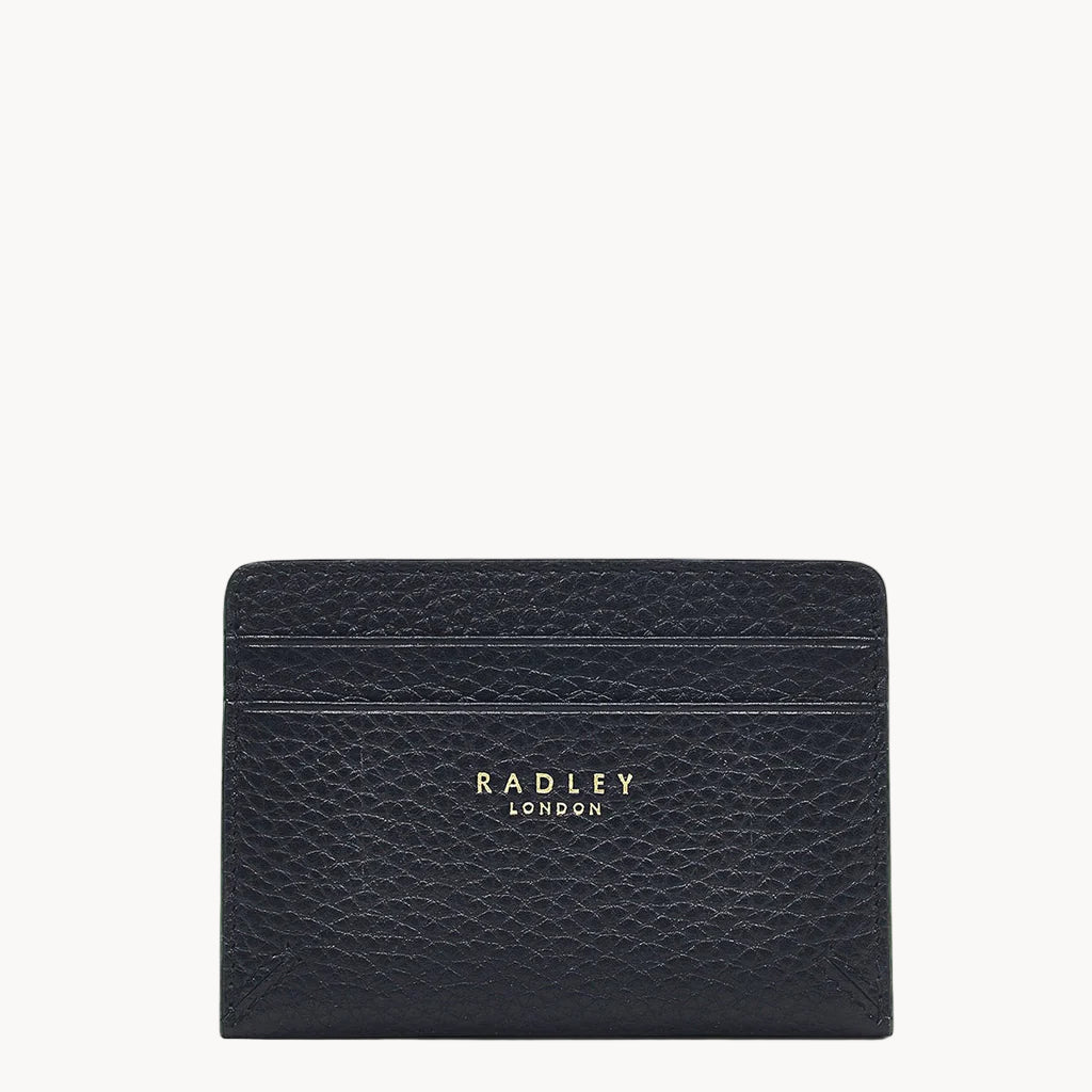 Leather credit card holder in black with gold Radley logo embossed
