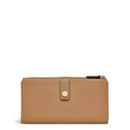 Tan leather wallet with a gold emblem on a white background