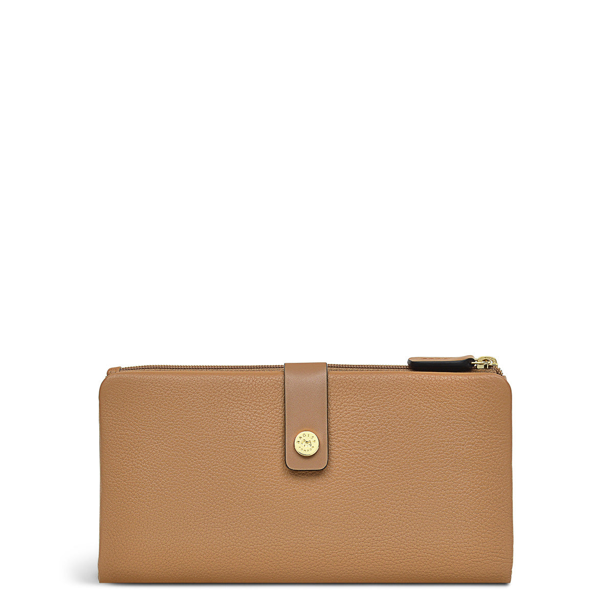 Tan leather wallet with a gold emblem on a white background