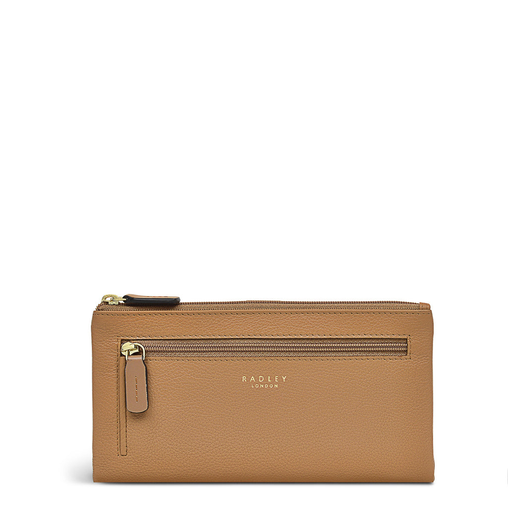 Tan wallet with gold zipper and Radley London branding on a white background