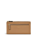 Tan wallet with gold zipper and Radley London branding on a white background