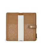 Tan leather wallet with a gold emblem on a white background