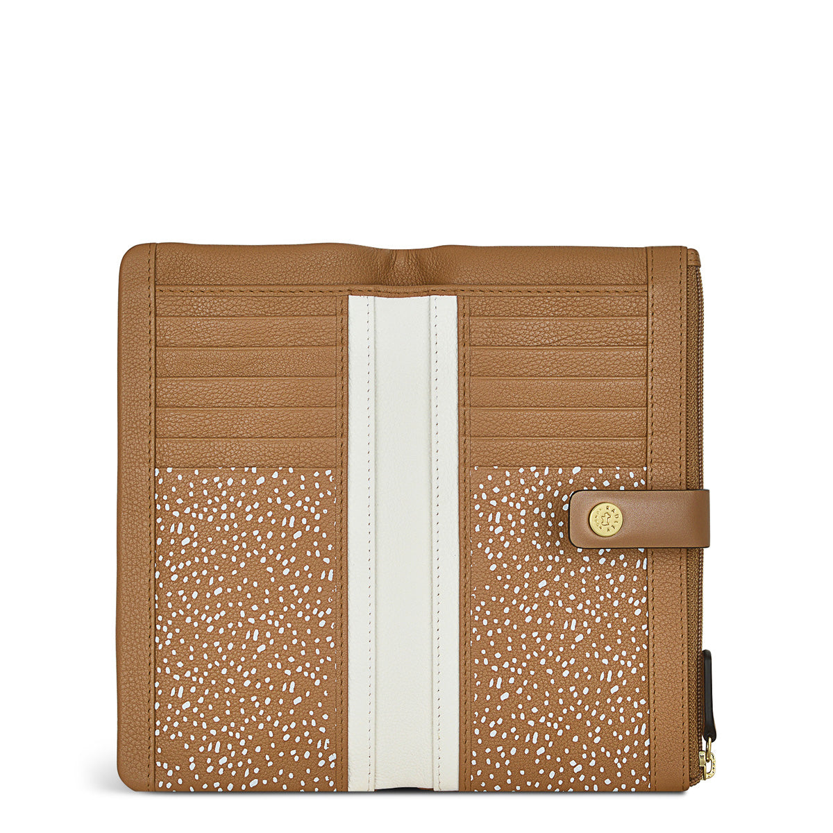 Tan leather wallet with a gold emblem on a white background